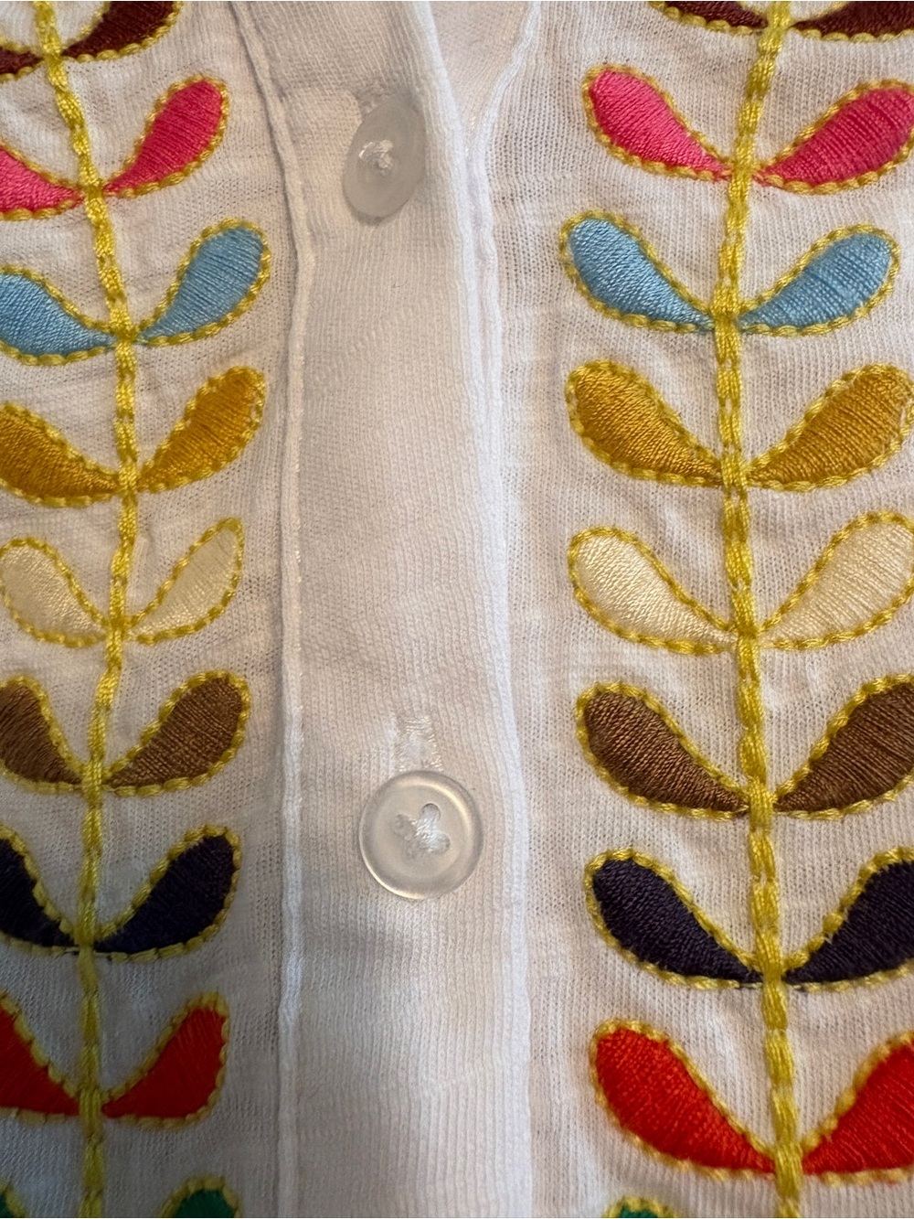Boden Women’s White V-Neck Top with Multicolor Leaf Embroidery US size 10 - Picture 4 of 6